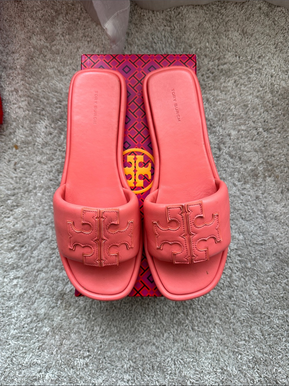 Tory Burch Coral-Pink Logo Slide Sandals